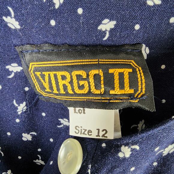 Virgo II Floral Navy Dress 12 Long Sleeve Button Front Pleated Skirt - Picture 7 of 7
